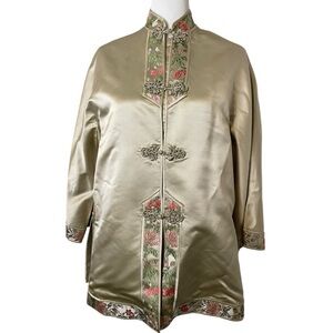 Vintage Dynasty 60s Gold Silk Kimono Jacket Single Stitched Lined embroidered M